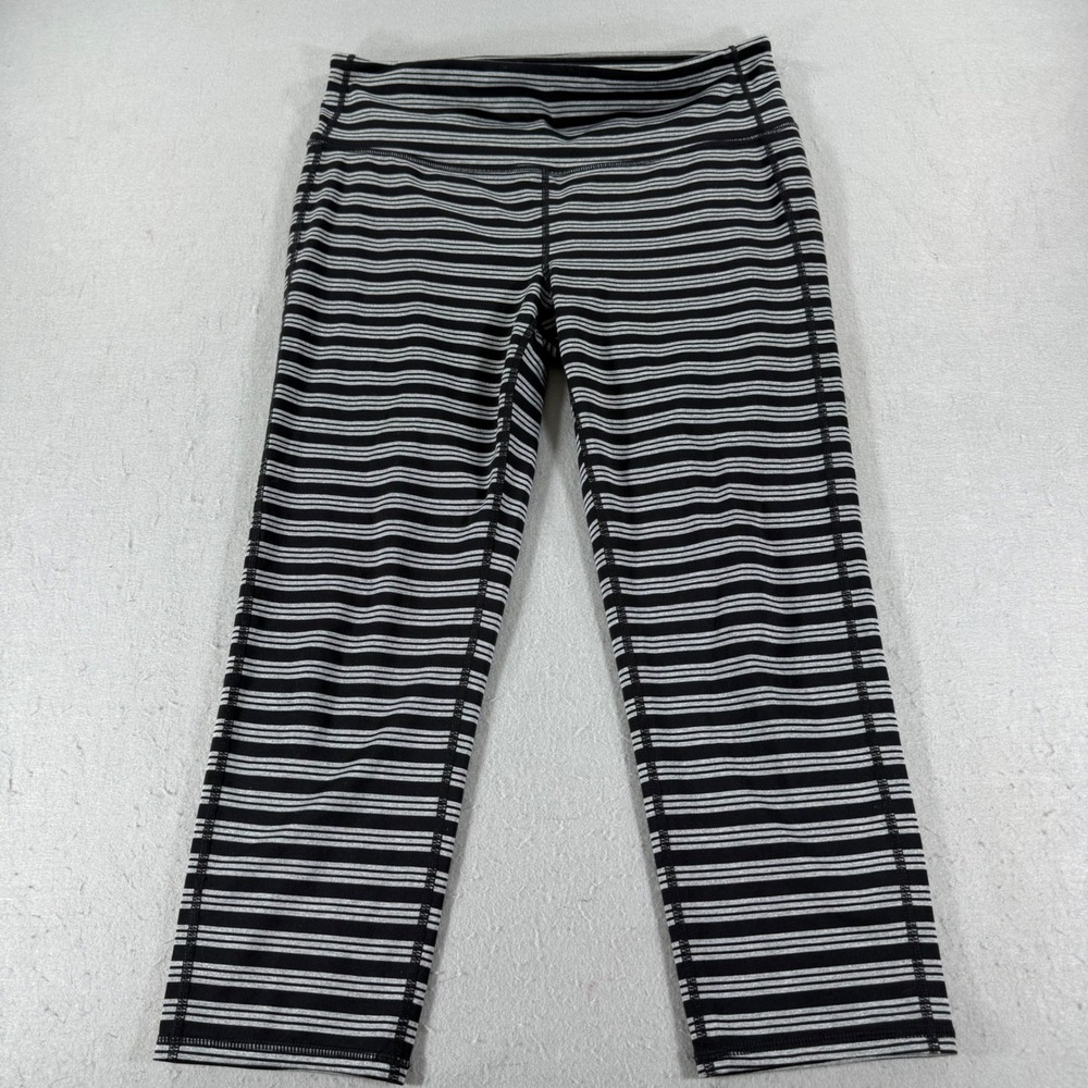Athleta Striped Capri Leggings Womens Large Black Gray Yoga Gym Pants‎